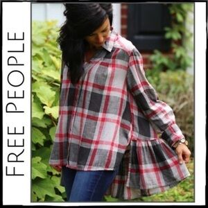 Anthropologie Free People “Preppy in Plaid” Ruffle hi-low Hem Button Down Top M